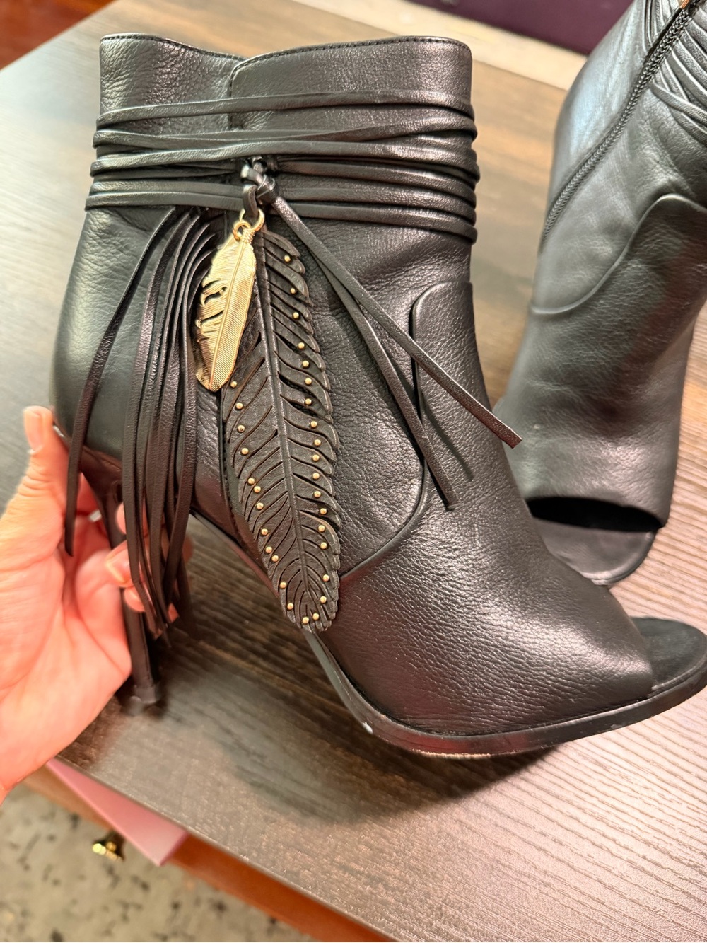 Coach Black Leather Fringe Ankle Heels with Gold Feather Charm - Picture 6 of 8